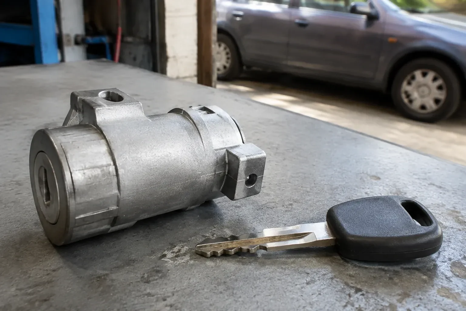 Detached cylindrical lock housing and black-headed key on an automotive workbench. — Ignition Lock Repair, Peterborough