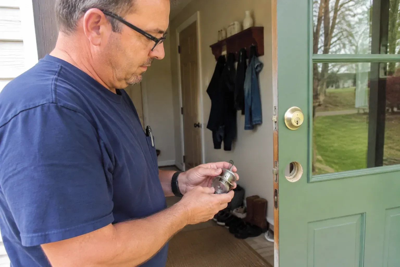 Person holding a cylindrical door-lock assembly beside an open green glazed door with its lower lock opening exposed. — Seized & Jammed Lock Opening, Peterborough