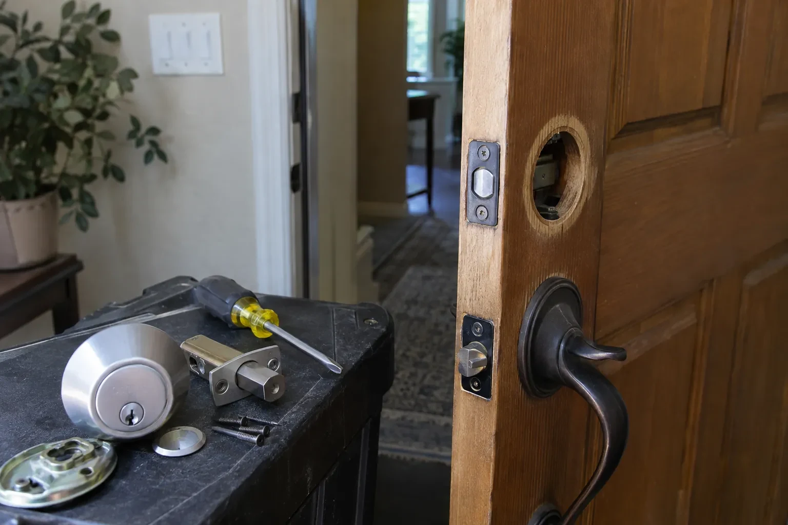 Wooden door with a dark lever handle and empty round bore, beside a deadbolt, latch, screws and screwdriver on a case. — Bridgenorth