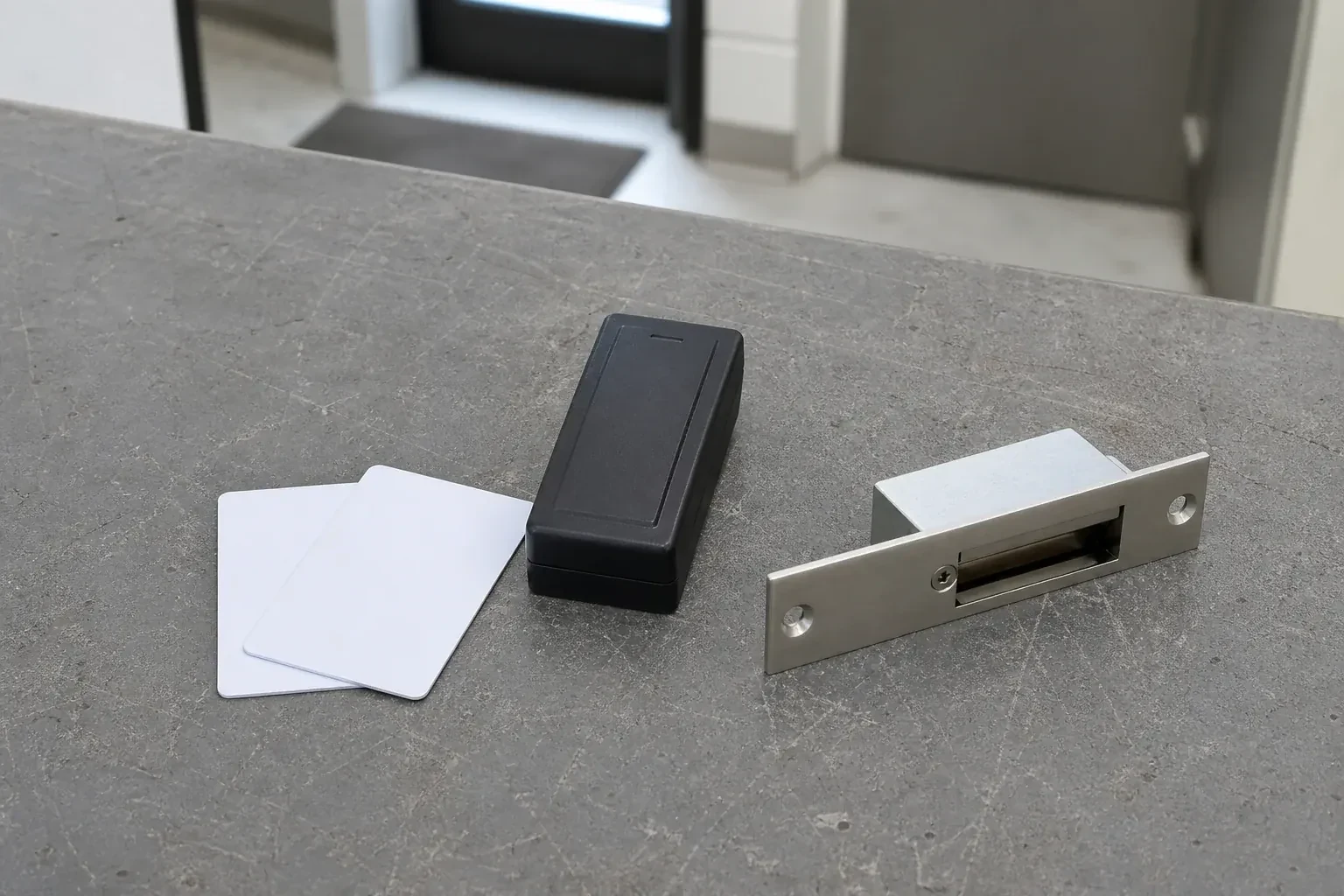 Detached card reader, two plain cards and an electric-strike component on a service bench. — Access Control Installation, Peterborough