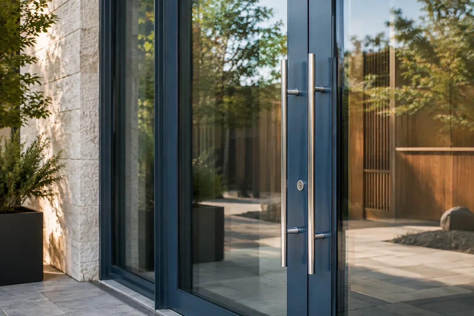 Dark-framed glass entrance doors with long silver-colored vertical pull handles and a round keyhole. — Business Lockout Service, Peterborough