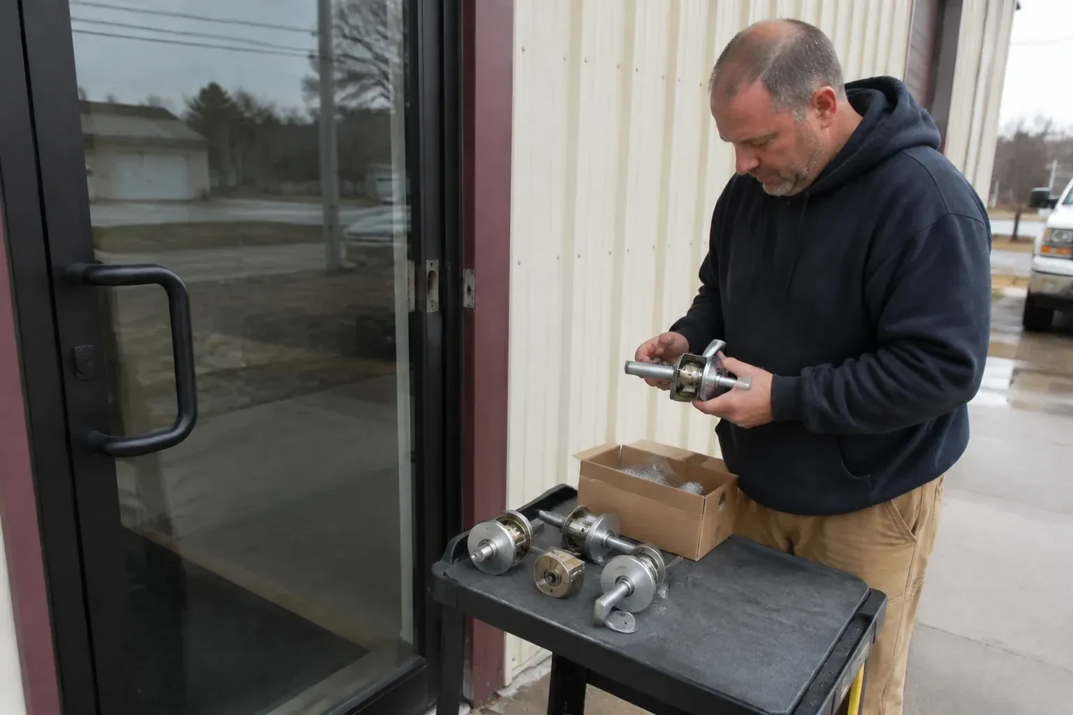 Person holding a door-handle assembly beside a glazed entrance, with more handle and lock components on a cart. — Commercial-Grade Lock Replacement, Peterborough