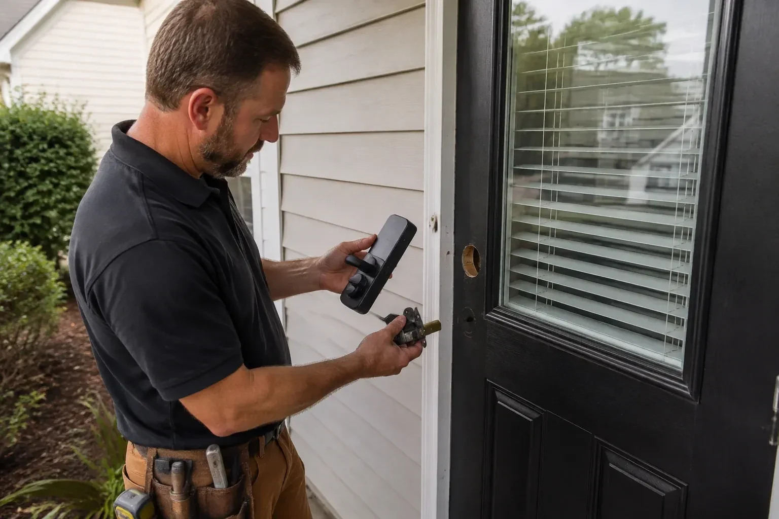 Person holding a black door-handle assembly and a latch beside a glazed door with exposed lock openings. — Smart Lock Installation, Peterborough