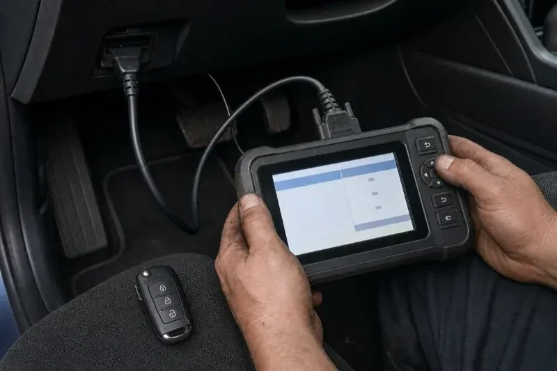 Hands holding a diagnostic tablet connected beneath a car dashboard, with a key fob resting on the person’s leg. — Key Fob Programming, Peterborough
