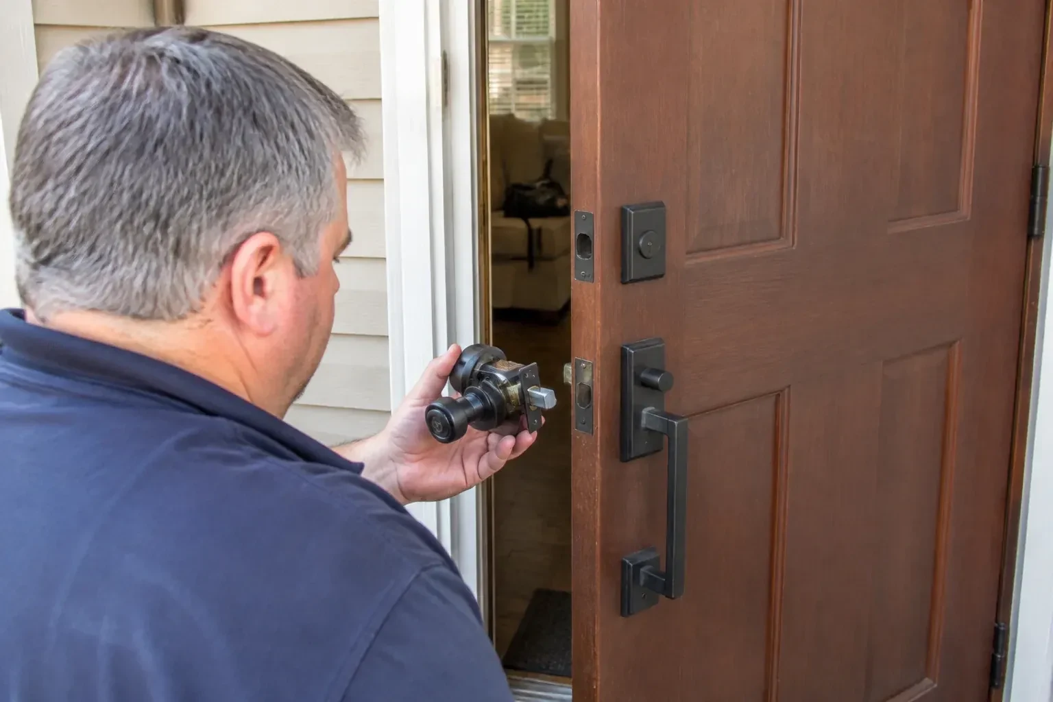 Person holding a removed black lock assembly beside a partly open brown front door with a long black pull handle. — Home Lockout Service, Peterborough