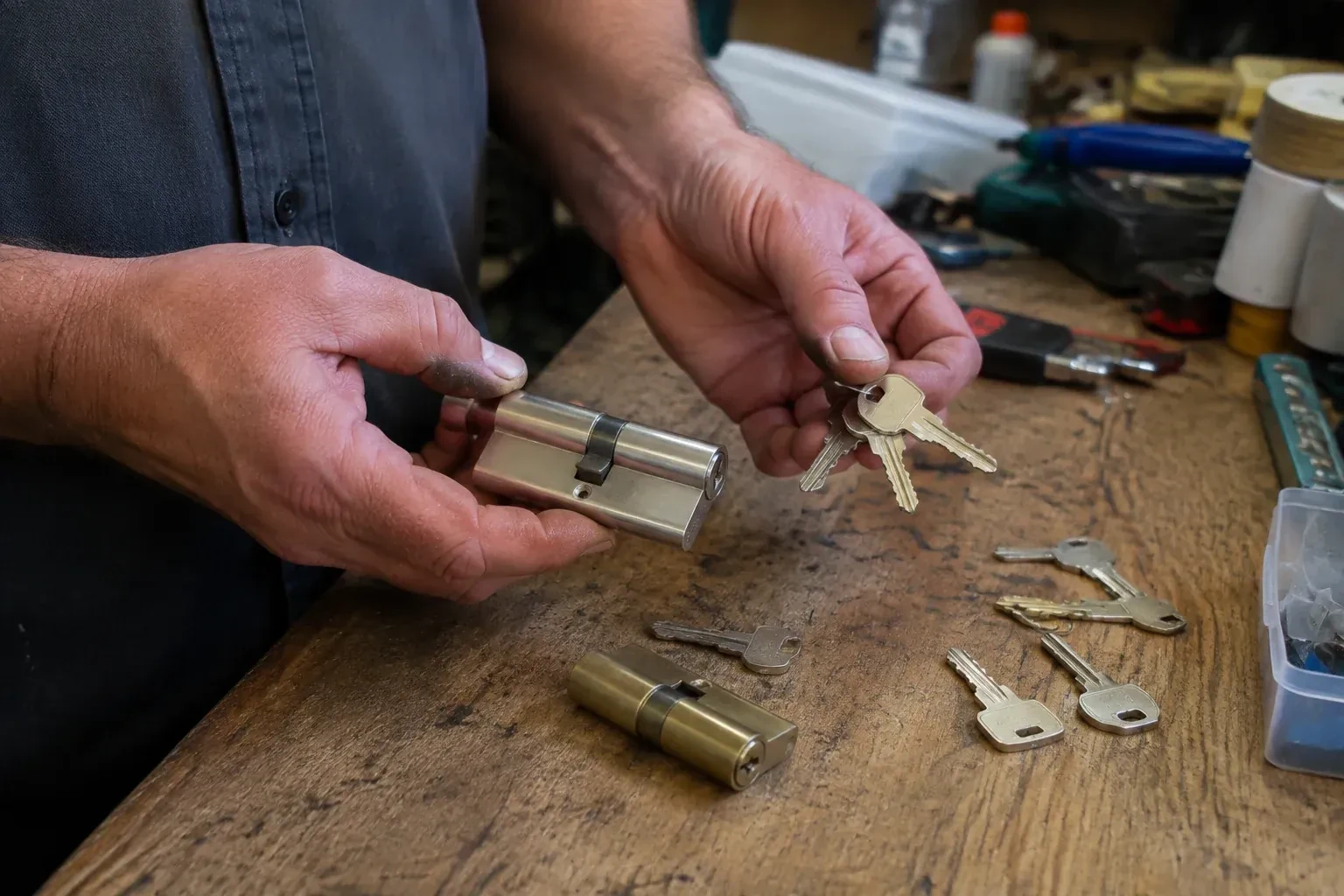 Hands holding a lock cylinder and a ring of keys above a worn workbench with another cylinder and loose keys. — Lock Rekeying, Peterborough