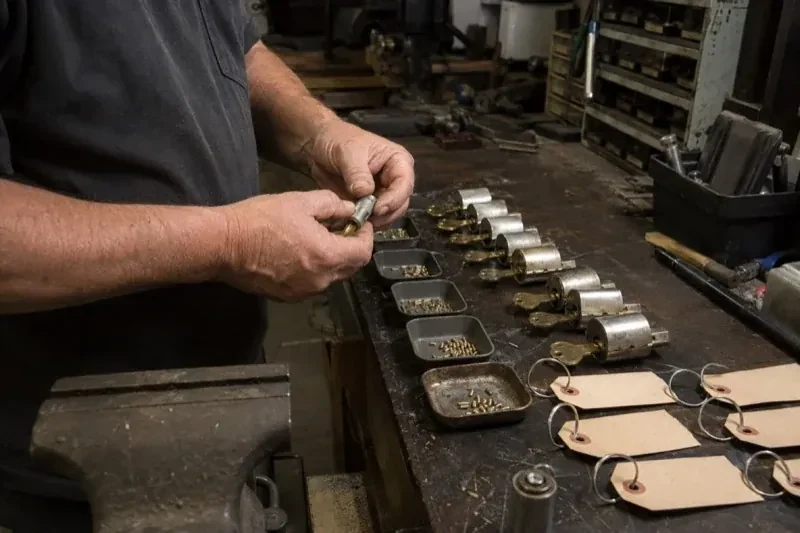 Person handling a lock cylinder at a workbench lined with cylinders, keys, small pin trays and blank key tags. — Commercial Rekeying, Peterborough