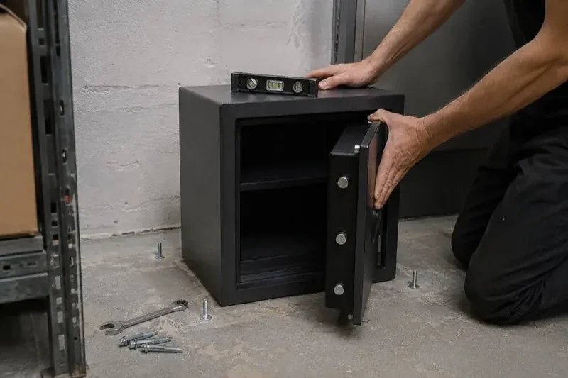 Person kneeling beside an open black safe with a spirit level on top and loose bolts and a wrench on the concrete floor. — Safe Installation & Servicing, Peterborough