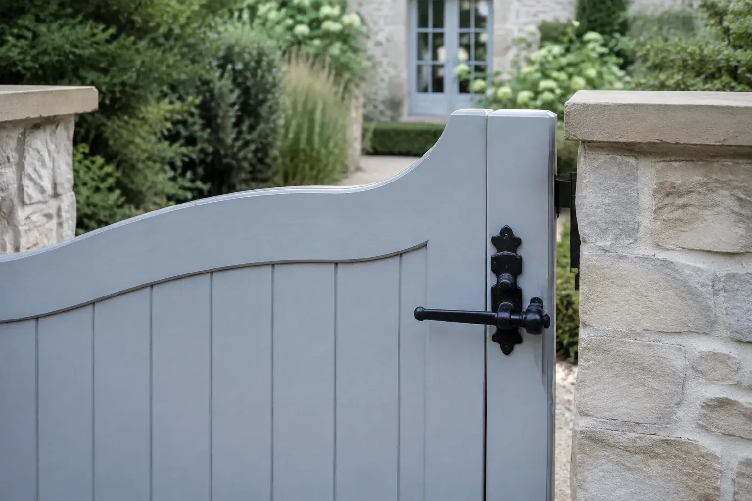 Pale blue garden gate with a black lever latch between light stone pillars. — Gate & Building Entry Locks, Peterborough