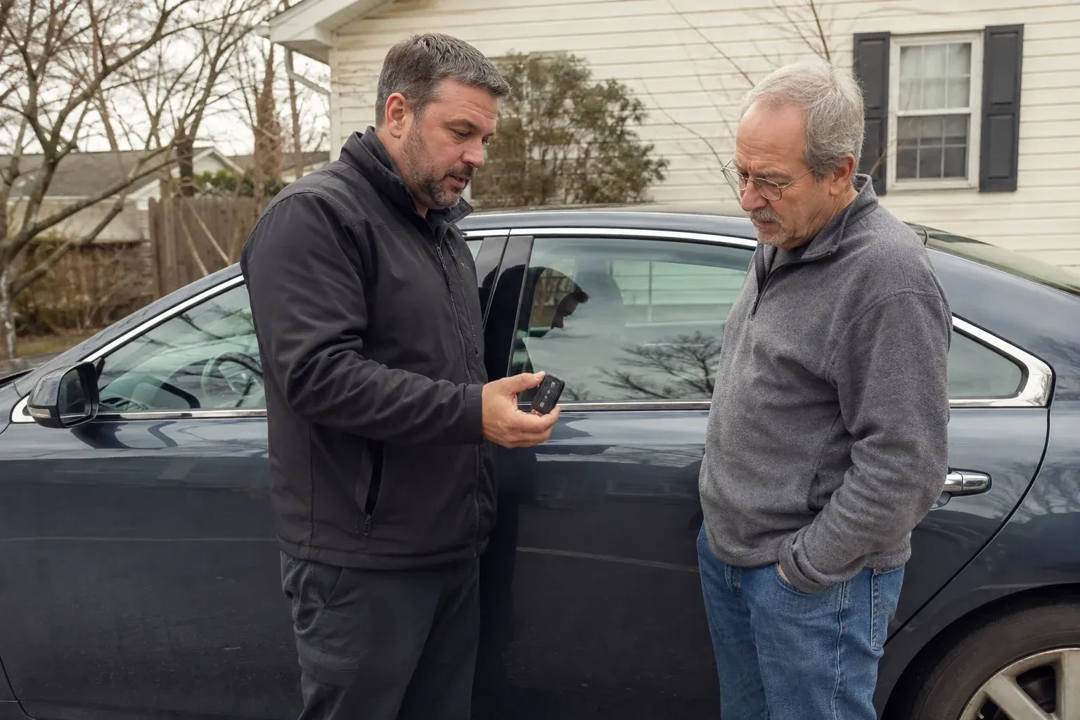 Two people beside a dark sedan, one holding up a black key fob. — Car Lockout Service, Peterborough