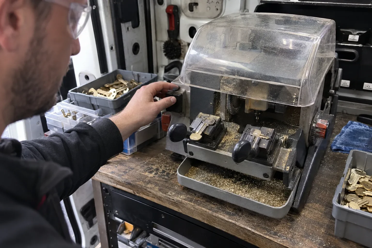 Person in safety glasses reaching for a key-cutting machine with a clear cover, beside trays of brass key blanks. — Spare Car Key Duplication, Peterborough