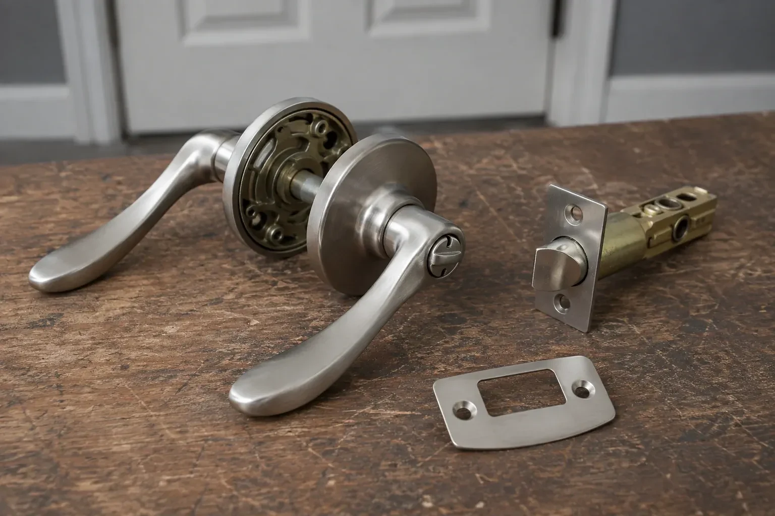 Detached satin-nickel lever hardware, tubular latch and strike plate on a wooden workbench. — Lock Replacement & Upgrade, Peterborough