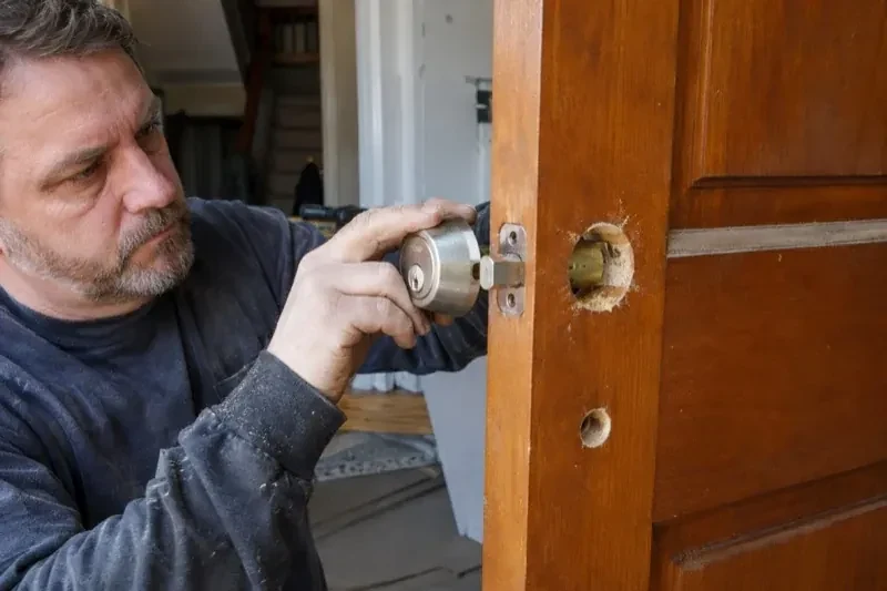 Person holding a silver-colored lock beside an open wooden door with exposed circular holes and a latch at its edge. — Deadbolt Installation, Peterborough