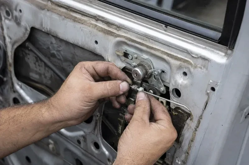 Hands holding a small linkage beside an exposed car-door lock mechanism with the interior trim removed. — Vehicle Lock Repair, Peterborough