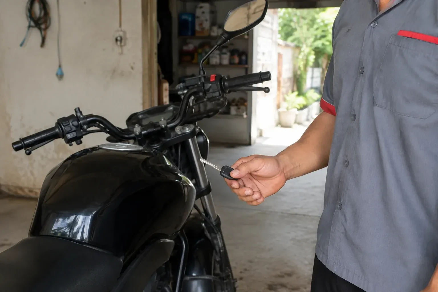 Technician holding a black-headed key beside a parked motorcycle. — Motorcycle & Scooter Keys, Peterborough