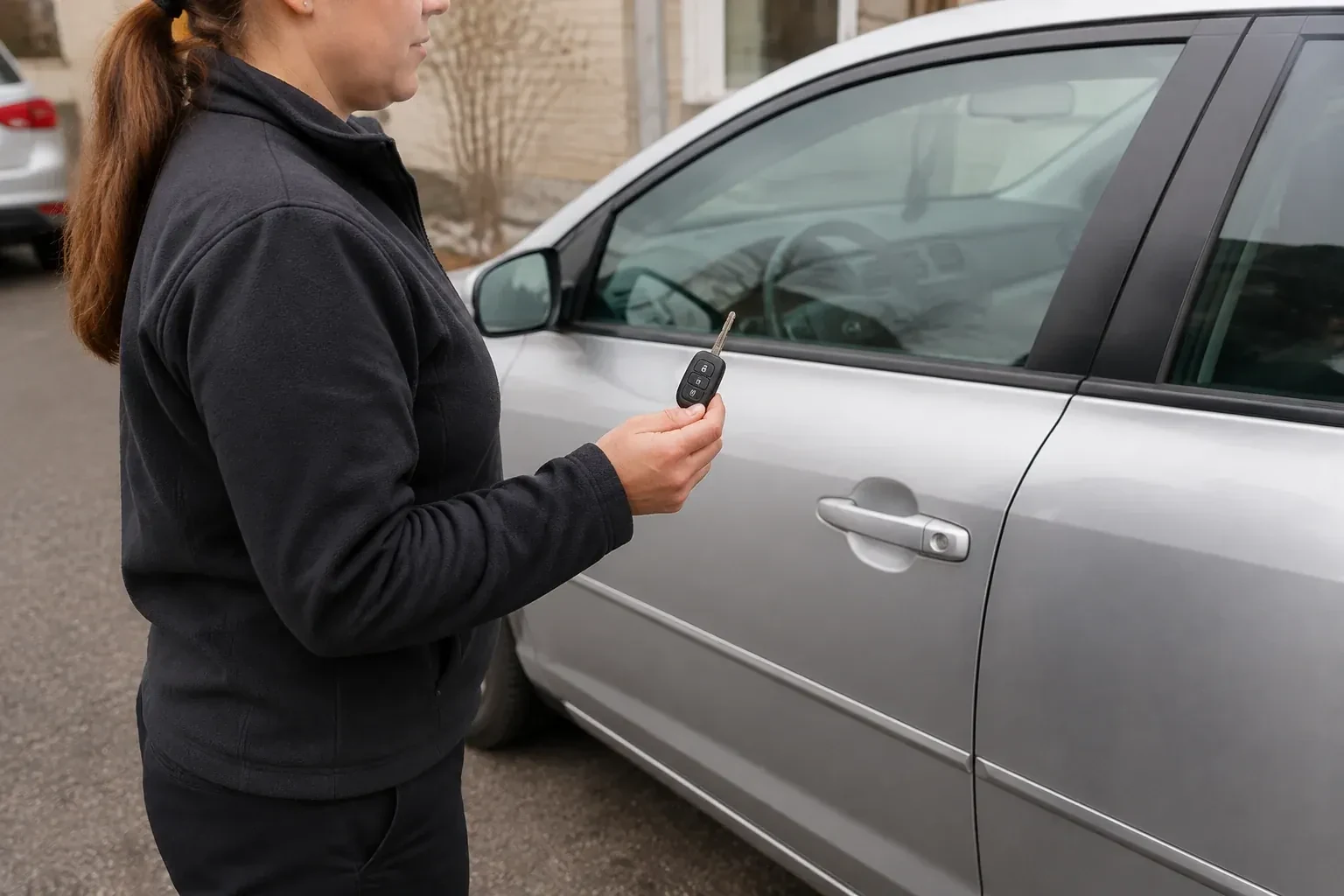 Technician holding a remote key with an extended blade beside a silver car. — Car Key Replacement, Peterborough