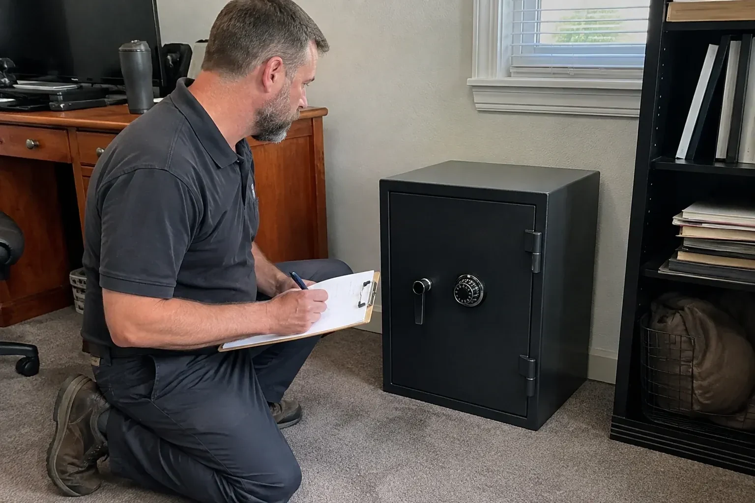 Person writing on a clipboard while kneeling beside a closed black safe with a numbered combination dial in a home office. — Safe Opening & Combination Change, Peterborough